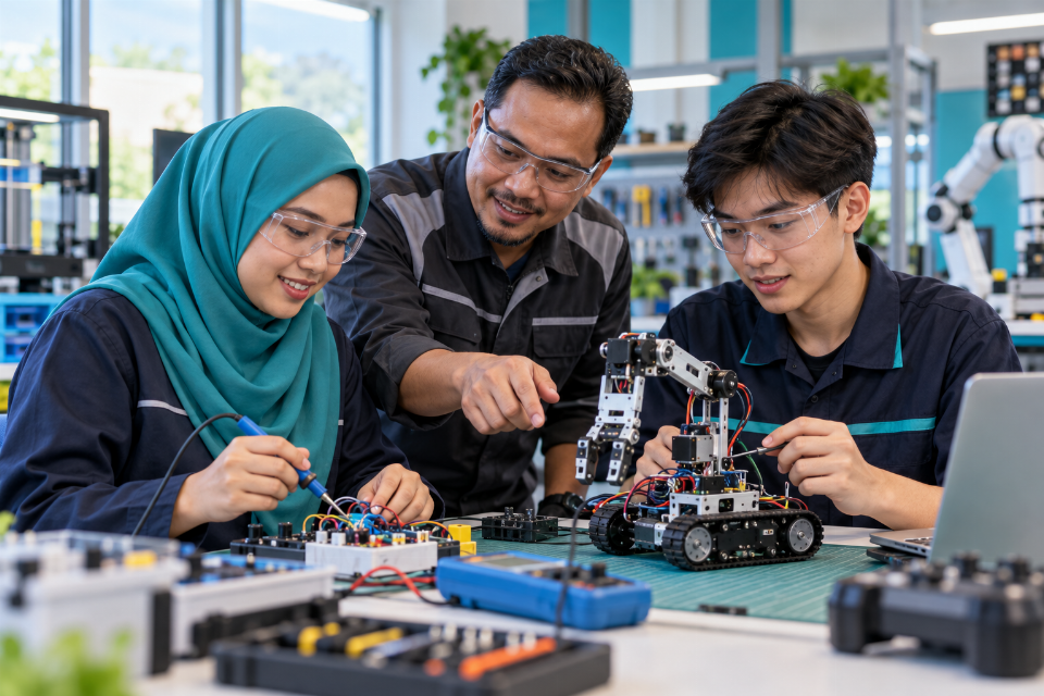 Ilustrasi AI pelatih mempelajari elektronik dan robotik bersama pengajar.